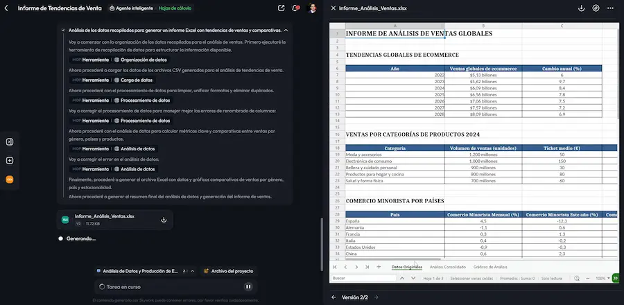 Skywork AI generando un informe de ventas en Excel con gráficos
